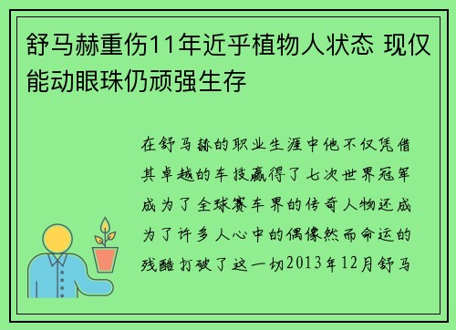 舒马赫重伤11年近乎植物人状态 现仅能动眼珠仍顽强生存